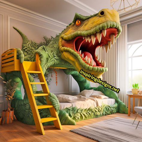 These Giant Dinosaur Shaped Bunk Beds Turn Sleepovers into Dino Adventures – Inspiring Designs Rainbow Canopy, Dinosaur Theme Bedroom, Bunk Bed Safety, Kids Bed Design, Dinosaur Bedding, Dinosaur Room Decor, Giant Dinosaur, Simple Bed Frame, Diy Recycled Projects