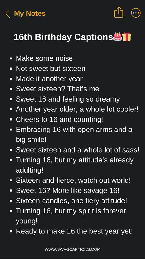 Sweet 16 and ready to shine on Instagram! Celebrate this major milestone with the perfect 16th birthday captions for your teen's festive photos. This collection offers a variety of witty, heartfelt, and fun caption ideas to make their 16th birthday post amazing. From clever puns about being 'six-teen' to inspiring quotes on embracing youth, you'll find creative ways to express the joy and significance of turning 16. 16th Birthday Captions, Birthday Wuotes, Sweet 16 Quote, Birthday Captions For Instagram, Birthday Captions For Myself, First Birthday Quotes, 16th Birthday Quotes, Sweet Captions, Happy Birthday Captions