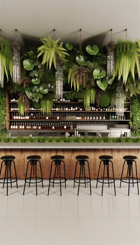 Step into a lush oasis where modern design meets nature’s charm. Savor crafted cocktails in an upscale urban jungle. #BotanicalBar #ModernDesign Kitchen Island Greenery, Garden Cafe Interior Design, Bar Ideas For Restaurants, Rustic Restaurant Interior, Greenhouse Bar, Garden Rooftop, Pet Store Design, Happy Monkey, Sleek Decor