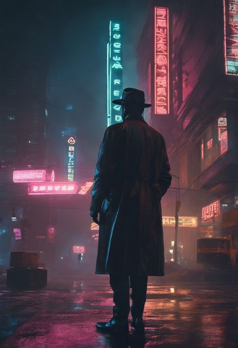 Cyber Detective Noir Check more at https://paintlyx.com/cyber-detective-noir/ Cyberpunk Noir Detective, Cyberpunk Noir Aesthetic, Neon Noir Photography, Detective Noir Aesthetic, Sci Fi Detective, Noir Character Design, Noir Detective Aesthetic, Neo Noir Aesthetic, Cyberpunk Detective