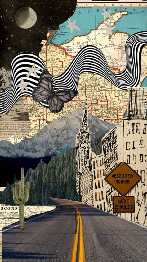 Travel Aesthetic Collage, Map Collage, Surrealist Collage, Collage Kunst, Collage Landscape, Travel Collage, Gcse Art Sketchbook, Collage Drawing, Collage Art Projects