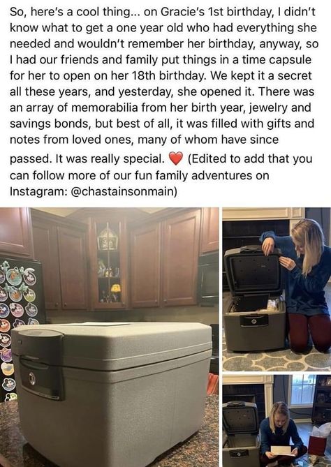 This mom put together a time capsule on her daughter’s 1st birthday. To be opened on her 18th birthday. I love this but I think 13th birthday would be a better date to start it, and give it to them when they get married. Time Capsule Ideas, Future Mommy, Baby Life Hacks, Parenting Done Right, The Last 10 Years, Kid Hacks, Smart Parenting, Baby Advice, Future Mom