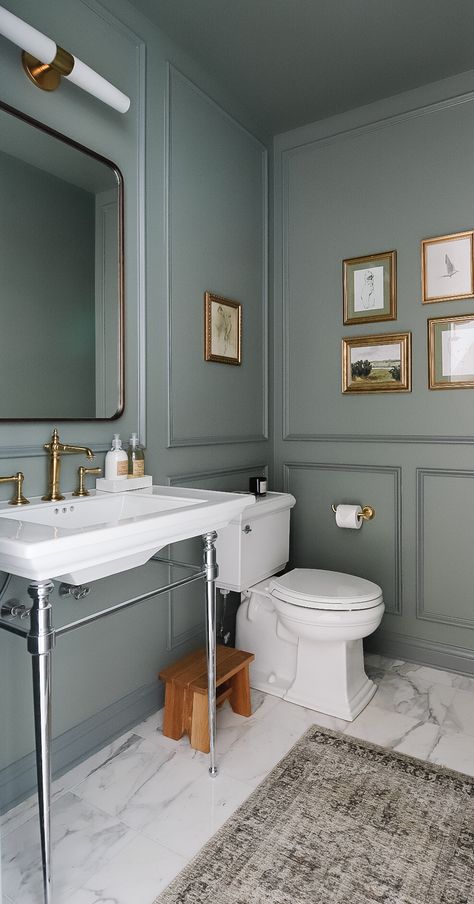 Creating A Moody Powder Bathroom: Progress Photos & A Mini Reveal! - Timeless Blue Bathroom, Bathroom Spa Paint Colors, Old World Powder Room Ideas, Bedroom Walls And Trim Same Color, Not White Bathroom, Bathroom Cutout Shelf Wall, Behr Club Navy, Historical Tiles Bathroom, Bathroom With Colored Ceiling