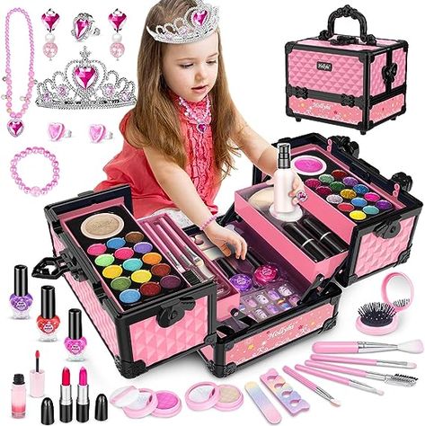 Hollyhi 62Pcs Kids Makeup Kit for Girl, Washable Play Makeup Toys Set for Dress Up, Beauty Vanity Set with Cosmetic Case Birthday Toys for Girls 3 4 5 6 7 8 9 10 11 12 Year Old Kids Toddlers (Pink)  https://amzn.to/3srcasA Kids Makeup Kit, Makeup Toys, Play Makeup, Makeup Kit For Kids, Beauty Vanity, Barbie Makeup, Princess Toys, Princess Dress Up, Birthday Toys