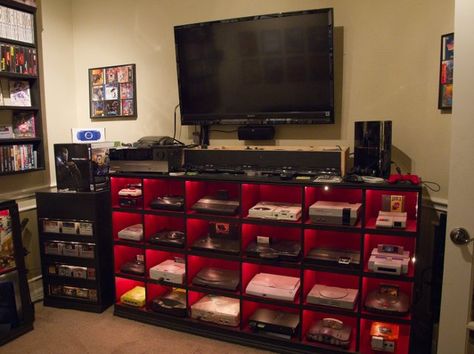 Alter of Awesome.   Sadly I do not know where this originated. I swiped it off of someone's facebook post. Console Gaming Setup, Best Gaming Setup, Video Game Rooms, Video Game Room, Gamer Room, Media Console, Entertainment System, Gaming Setup, Idea Diy