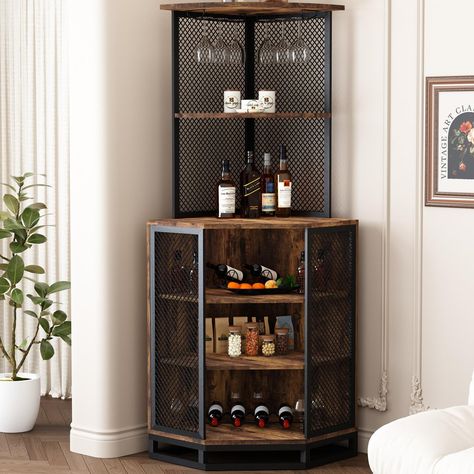 PRICES MAY VARY. Space Optimization: This rustic brown corner bar cabinet is the perfect solution for addressing limited small space concerns. Its unique design maximizes the use of room corners, creating valuable additional storage while offering outstanding decorative appeal. Multi-Level Storage: This tall wine cabinet provides five spacious shelves capable of accommodating various sizes and shapes of wine bottles, glasses, and beverages. You can easily organize your wine collection, making it Bar And Dining Room Combo, Corner Liquor Cabinet, Corner Wine Cabinet, Liquor Cabinet Bar, Level Storage, Corner Bar Cabinet, Space Optimization, Bar For Home, Coin Bar