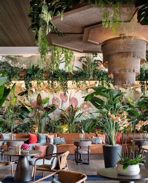 Mamey opened in August 2020 at the Hotel Miami in Coral Gables. The restaurant features indoor and outdoor seating housed in a stunning tropical oasis designed by Carolina Freyre Interiors. Boho Restaurant, Beach Restaurant Design, Restaurants Outdoor Seating, Greens Restaurant, Tropical Interior Design, Cafe Seating, Tropical Interior, Rustic Restaurant, Restaurant Seating
