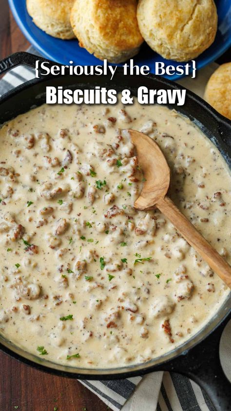 Our easy homemade Biscuits and Gravy Recipe is true to the classic Southern breakfast of creamy sausage gravy over flaky, buttery biscuits. It’s simple to make and so satisfying. Grandmas Biscuits And Gravy, Best Biscuit And Gravy Recipe, Homemade Sausage And Gravy, Biscuits And Gravy Biscuit Recipe, Easy Homemade Biscuits And Gravy, Biscuits And Gravy Healthy, Sausage Gravy Ideas, Easy Breakfast Gravy Recipe, Homemade Breakfast Buiscits Recipes