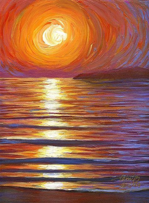 sun Sunrise Painting Easy, Sunset Over Water Painting, Sunset Water Painting, Sunrise Painting Acrylic, Sunsets Paintings, Paintings Of Sunsets, Sun Set Painting, Sea Sunset Painting, Sunrise Paintings