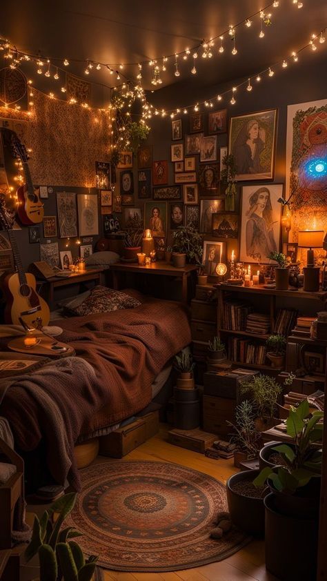 Boho Academia Aesthetic Bedroom, Hippy Room Inspiration, Small Aesthetic Room Decor, Nerdy Apartment Aesthetic, House Inspiration Interior Bedrooms, Brown Room Aesthetic Vintage, Music Bedroom Aesthetic Vintage, Romantic Gothic Bedroom Ideas, Earth Themed Bedroom