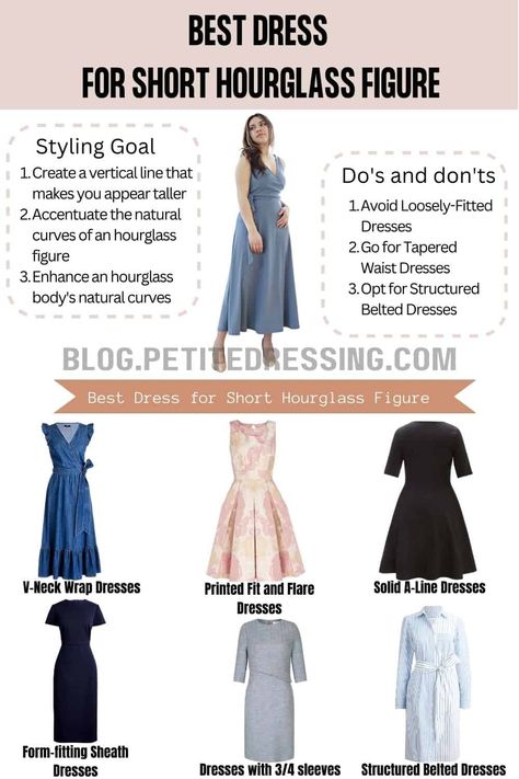 The Complete Dress Guide for Petite Hourglass Figure Hourglass Classy Outfits, Formal Dress Hourglass Shape, Boho Hourglass Outfits, Office Outfits Hourglass Shape, Maxi Dress For Hourglass Shape, Hour Glass Figure Clothes, Kurti For Hourglass Shape, Short Hourglass Outfits, Petite Hourglass Outfit Ideas