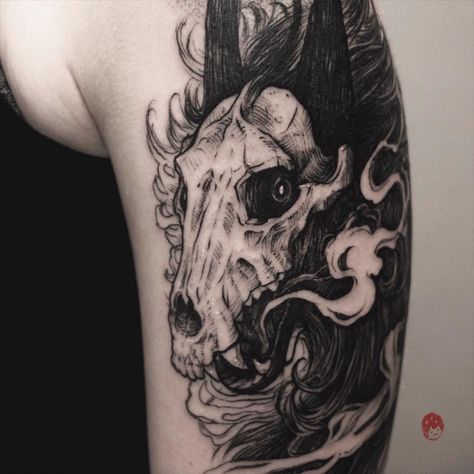 Wolf Tattoo Ideas For Men, Wolf Skull Tattoo, Canine Skull, Native American Wolf Tattoo, Wolf Paw Tattoos, White Wolf Tattoo, Celtic Wolf Tattoo, Skull Tattoo Ideas, Animal Skull Tattoos