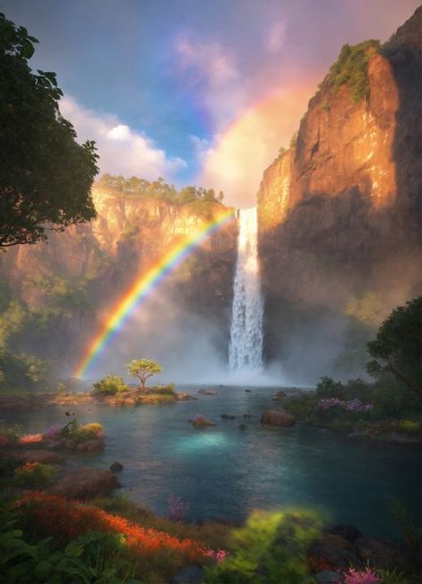 Landscape of rainbow and waterfall - yartworld Nature, Lake With Waterfall, Waterfalls Aesthetic, Waterfall Rainbow, The Sky Painting, Pretty Waterfall, Rainbow Landscape, Landscape References, Healing Nature