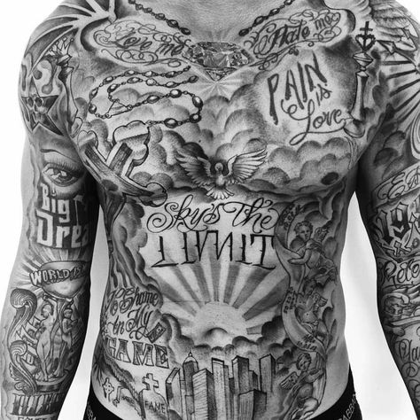 WHO DOES THE SUPER WEALTHY INTERNATIONAL JET SET SOCIETY TURN TO FOR THEIR INK??? ME THAT'S WHO Traditional Chicano Tattoos, Lettrage Chicano, Full Chest Tattoos, Art Chicano, Black Men Tattoos, Torso Tattoos, Gangsta Tattoos, Chicano Tattoos, Cool Chest Tattoos