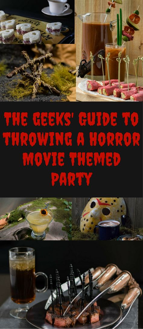 The Geeks share their tips for planning the perfect Horror Movie Themed Party! 2geekswhoeat.com #horror #recipes Freddy Krueger Food Ideas, Spooky Movie Night Decorations, Scary Movie Decorations, Horror Themed Dinner, Horror Movie Crafts, Friday 13th Party, Slasher Halloween Party, Horror Recipes, Horror Movie Themed Party