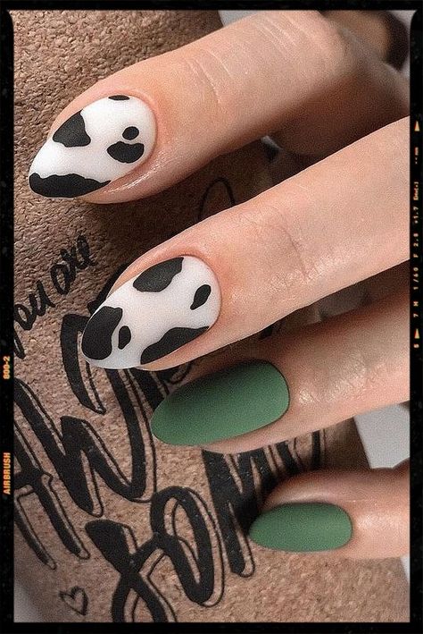 Almond Nails - Short Nails Green Cow Print Nails, Short Western Nails, Country Nail Art, Fresh Nail Designs, Green Cow Print, Matte Green Nails, Country Acrylic Nails, Rodeo Nails, Cowboy Nails