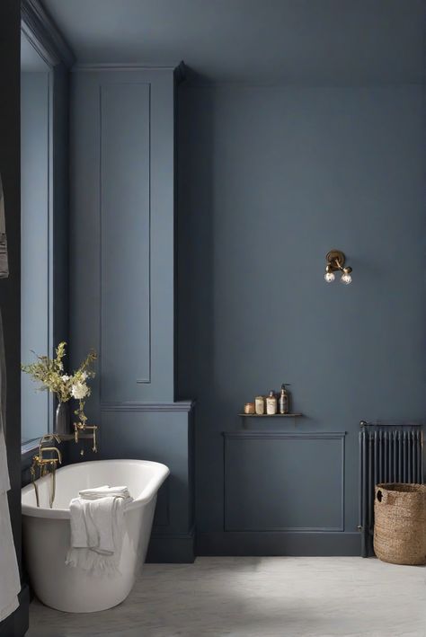 wall paint guide, charcoal blue paint, bathroom walls, SW 2739

home decorating, home interior design, interior bedroom design, kitchen designs Grey Bathroom With Blue Accents, Moody Grey Blue Paint, Misty Blue Bathroom, Blue Grey Black Bathroom, Blue Wall In Bathroom, Dark Blue Behr Paint Colors, Charcoal Blue Complimentary Colors, Moody Dark Blue Bathroom, Brooklyn Vogue Paint