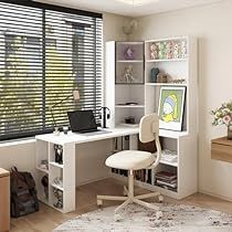 Study Guest Room Combo, Corner Office Space, Hobby Room Design, Modern Corner Desk, Desk With Bookshelf, Contemporary Writing Desk, White Computer Desk, L Shaped Office Desk, Storage Corner