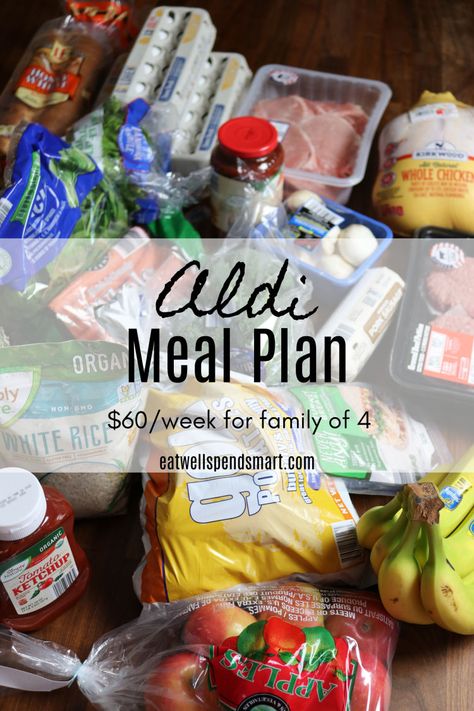 Aldi meal plan for $60/week by shopping at Aldi. What one family ate for a week, including breakfast, lunch, dinner, and snacks for a family of four (one with allergies). Shopping At Aldi, Cheap Meal Plans, Frugal Meal Planning, Aldi Meal Plan, Aldi Recipes, Aldi Shopping, Paleo Meal Plan, Budget Meal Planning, A Family Of Four