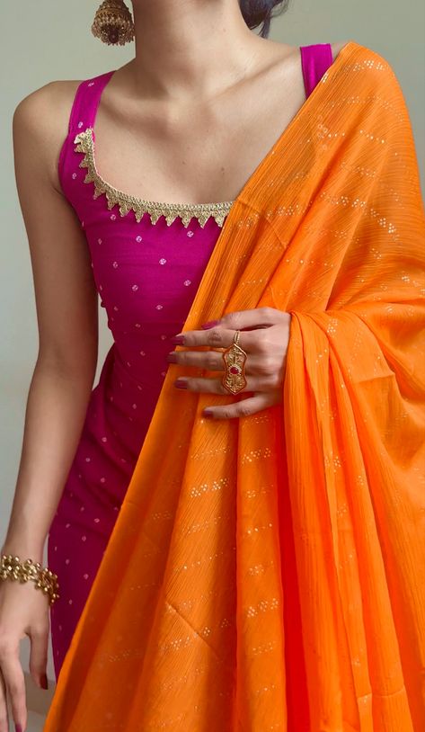 Desi Look Outfits, Desi Style Casual, Circular Plazo Suit Design, Indian Kurti Outfits, Peach Colour Outfit, Mehendi Look For Bridesmaid, Haldi Outfit Designs, Dresses From Old Sarees Anarkali, Desi Kurta Aesthetic