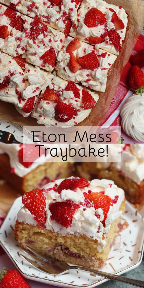 An Eton Mess Traybake with a Fresh Strawberry & Vanilla Sponge and everything Eton Mess - Fresh Cream, Meringues, and even more Strawberry! Patisserie, Cake Traybake Recipes, Tray Cake Recipe, Tray Bake Cake Recipes, Sweet Tray Bakes, Tray Bakes Desserts, Traybake Recipes Cake, Traybakes Sweet, Vanilla Traybake