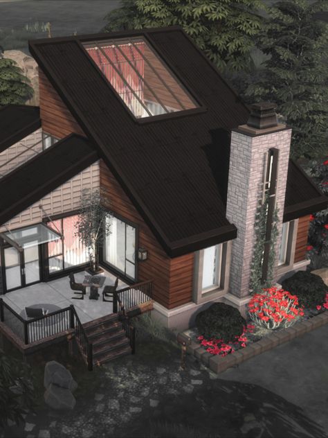 The Sims Resource - Sims 4 - Residential - Rirann - Notin - No CC - Notin is a cozy contemporary cottage for the Sims 4. Available at TSR Sims 4 Modern House, Sims 4 Cottage, Cozy Contemporary, The Sims 4 Lots, Sims 4 Tsr, Die Sims 4, Sims 4 House Building, Sims 4 House Plans, House Design Exterior