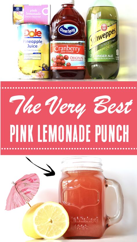 Pink Lemonade Party Punch Recipe Pineapple Pink Lemonade Punch, Lemonade Pineapple Punch, Pink Lady Punch, Punches Non Alcoholic, Best Punch Ever, Virgin Punch Recipes Parties, Pink Lemonade Punch Recipe, Strawberry Lemonade Punch Non Alcoholic, Pink Punch For Baby Shower Recipe Easy