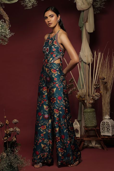 Shop for these amazing collections of Blue Silk Floral Round Pattern Jumpsuit For Women by Label Ne'chi online at Aza Fashions. Sleeveless Jumpsuits For Women, Indian Fabric Dress, Indian Jumpsuit Outfit, Indian Clothes Modern, Jumpsuits For Work, Modern Indian Dress, Modern Lehenga Designs, Ethnic Jumpsuit, Indian Jumpsuit