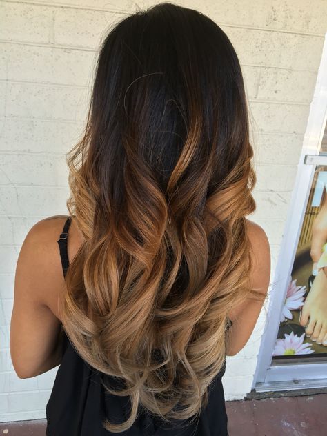 Balayage Ombre For Dark Brown Hair, Chocolate Brown Hair With Blonde Ombre, Hair Colour Black And Blonde, Black To Brown To Blonde Ombre, Ombre Hair Color Ideas For Brunettes, Brown And Caramel Ombre, Dark Ombre Balayage, Ombre With Black Hair, Ombré Hair African American