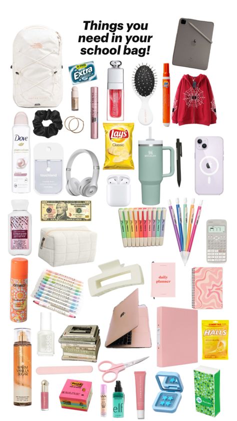 What To Pack In Your Bag For A Road Trip, School Backpack Essentials Middle School, Things To Pack For School Trip, Back To School Girly Supplies, Things U Need In Ur School Bag, High School Pencil Case Essentials, Stuff For School Bags, Things To Pack For A School Trip, First Day Of School Bag Essentials