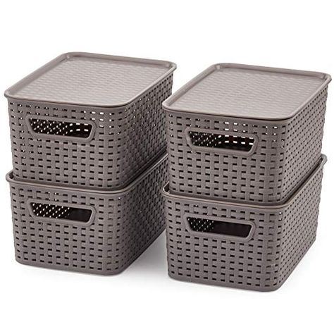 Organize Shelves, Small Storage Containers, Small Plastic Containers, Plastic Containers With Lids, Desain Pantry, Shelf Baskets Storage, Storage Baskets With Lids, Grey Storage, Plastic Baskets