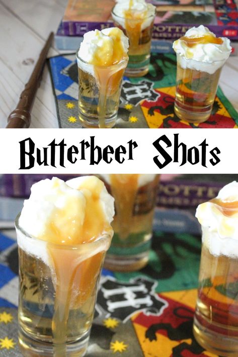 Butterbeer Shots Harry Potter, Harry Potter Alcoholic Drinks Recipes, Harry Potter Signature Drinks, Harry Potter Formal Dresses, Harry Potter Themed Alcoholic Drinks, Butter Beer Shots Harry Potter, Harry Potter Themed Drinks Cocktails, Harry Potter Friendsgiving, Butterbeer Treats