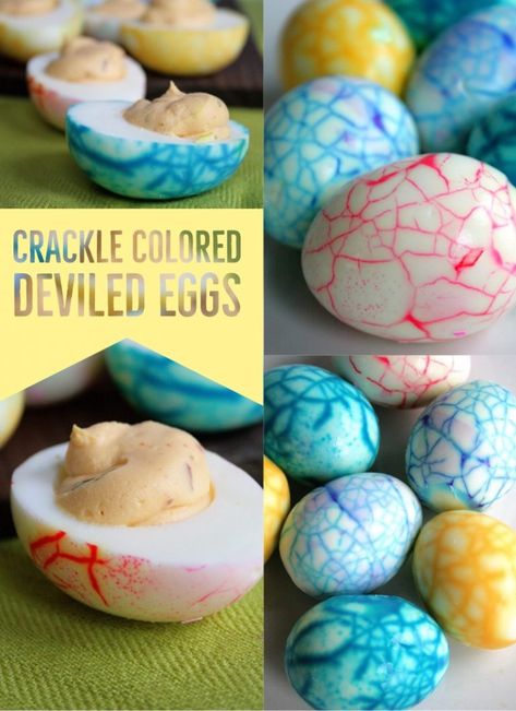 Crackle Colored Deviled Eggs - Doughmesstic #deviledeggs #easter Monster Eggs Recipe, Dragon Eggs Deviled Eggs, Devil Eggs For Easter, Fun Deviled Eggs For Easter, Cute Deviled Eggs For Easter, Dino Deviled Eggs, Deviled Easter Eggs Colored, Animal Deviled Eggs, Dyed Deviled Eggs For Easter