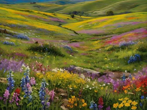 A beautiful painting of a field with flowers Flowers Widget, Grassland Painting, Flower Meadow Painting, Field Of Flowers Painting, Field With Flowers, Flower Field Painting, Green Water Bottle, White Gazebo, Grassy Field