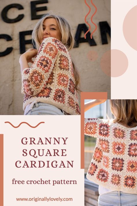 This cardigan is an updated version of the classic Granny Square cardigans we all know and love. A slightly cropped silhouette and great fit set this apart! Check out the free pattern and video tutorial from Originally Lovely Jaket Crochet, Crochet Cardigan Tutorial, Granny Square Haken, Crochet Cardigan Pattern Free, Granny Square Crochet Patterns, Granny Square Crochet Patterns Free, Pull Crochet, Crochet Sweater Pattern Free, Clothes Summer