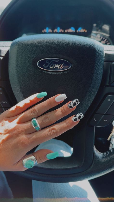 Cute Turquoise Nails Acrylic, Cow Nails Square, Cow Print Square Acrylic Nails, Western Nails With Turquoise, Turquoise Nails With Cow Print, Western Nail Ideas Turquoise, Teal Western Nails Acrylic, Cow Print And Teal Nails, Cow Print And Turquoise Nails