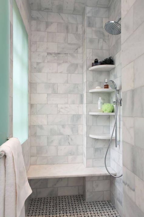 Tile Shower Shelf, Inexpensive Bathroom Remodel, Marble Shower Tile, Small Shower Remodel, Shelves Ideas, Luxury Tile, Bathroom Remodel Tile, Small Showers, Bathroom Remodel With Tub