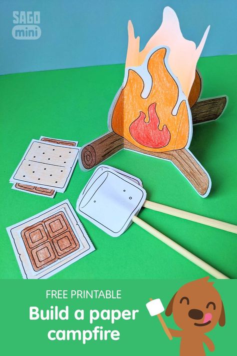 Free printable! Build a paper campfire Camping Art Work For Preschool, Camp Fire Craft For Preschool, S’mores Activity, Camping Themed Preschool Crafts, Camping Templates Free Printables, Camping Classroom Crafts, Campfire Art Preschool, Crafts About Camping, Kindergarten Camping Day