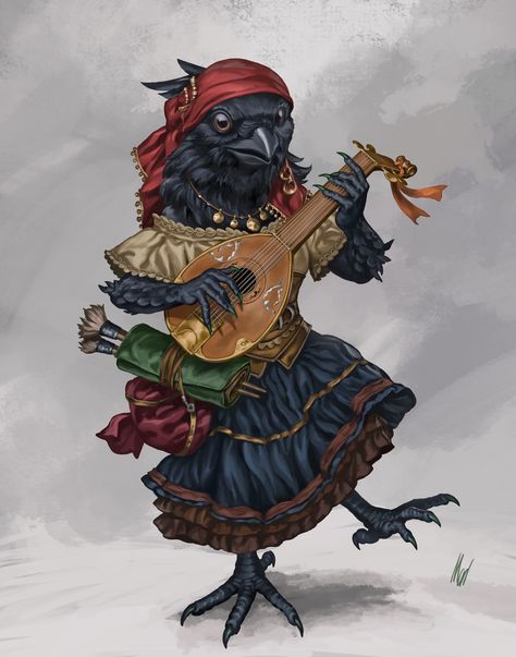 Owl Arakokra Dnd, Kenku Bard Dnd, Spelljammer Dnd, Aarakocra Female, Kenku Character Art, Kenku Bard, Dnd Kenku, Bard Character, Dnd Bard