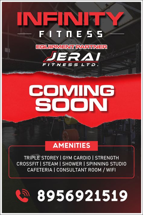 Infinity Fitness Gym Coming Soon Poster Design Gym Coming Soon Poster, Coming Soon Social Media Design, Gym Opening Poster, Crossfit Graphic Design, Gym Advertisement Poster, Coming Soon Poster Design Creative, Gym Poster Design Creative, Coming Soon Graphic Design, Coming Soon Poster Design