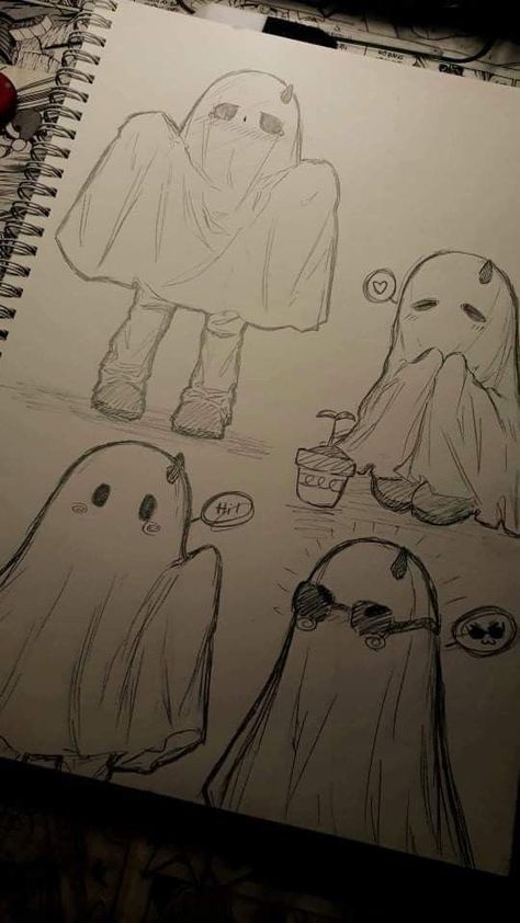 Drawings Ideas Cute, Cute Little Sketches, Cool Drawings Ideas, Easy Doodle Art Drawing, Healing Drawing, Ghost Doodles, Ghost Drawings, Corak Krusye, Doodles Simple