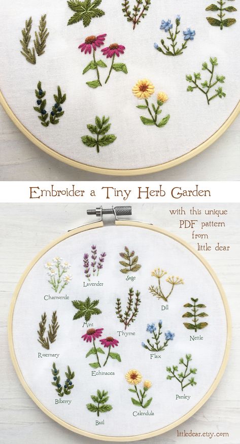 Stitch up a miniature herb garden with this beautiful hand embroidery pattern from little dear.  #embroiderypattern #handembroidery #embroiderydesign #embroideryhoopart #tinyembroidery #miniembroidery Cute Flower Embroidery Patterns, Embroidered Simple Flower, Embroidery Designs Cottagecore, Easy Floral Embroidery Patterns, Different Flower Embroidery, Embrodary Flower Pattern, Hummingbird Hand Embroidery, Herb Embroidery Patterns Free Printable, Embroidery Herbs Pattern