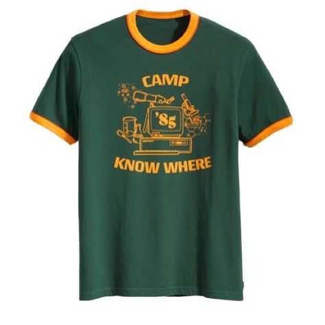 “In Celebration Of The Third Series Of Netflix’s Sci-Fi Horror Smash Hit Stranger Things, Iconic Denim Brand Levi's Has Created A Collection With ‘80s Nostalgia Running Through Every Stitch. This Green And Yellow Ringer Tee Actually Features In The Show This Season It Belongs To Dustin, A Souvenir From His Summer At ‘Camp Know Where’. Crafted From Pure Cotton, It’s The Perfect Choice For Days Spent Chasing Down Monsters On Your Cruiser. 100% Cotton Printed Branding Ringer Crewneck & Cuffs” Camp Tshirt Designs, Camp Shirt Designs, Vintage Shirt Design, Camp Brand, Stranger Things Tshirt, Camping Tee, 80s Nostalgia, Levis Shirt, Sci Fi Horror