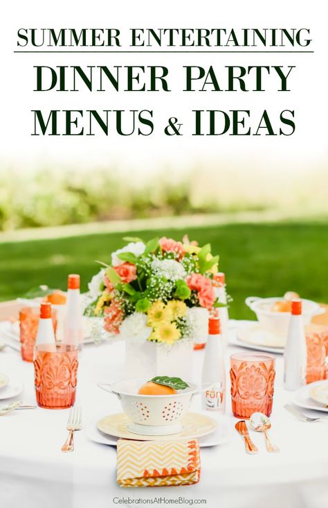 Plan summer entertaining with these dinner party menus and table setting ideas Summer Entertaining Food Outdoor Parties, Spring Menu Ideas Dinner Parties, Outdoor Dinner Party Menu, Spring Dinner Party Menu Ideas, Summer Party Menu, Bbq Dinner Party, Summer Dinner Party Menu, Spring Dinner Party, Birthday Dinner Menu