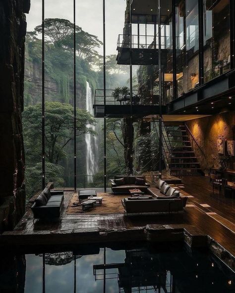 😶‍🌫️Escape to a stunning glass villa🏡 perched on the edge of a mountain⛰️, enveloped by lush jungle 🌿🦎, with views of a cascading waterfall🌊 from the living room😮‍💨. Immerse yourself✨in the serenity of nature✨ while enjoying the modern elegance of this dark retreat💫⚫️. 📸: @imagine.marron👏 • • • • • • • • • • • • • #mountainretreat #glassvilla #aiartcommunity #aidesign #airendering #architecturelovers #thebestnewarchitects #aiarchitecture #artificialintelligenceart #aiinarchitecture #midjou... Fantasy House, Modern Glass House, Glass House Design, Aesthetic Motivation, Cascading Waterfall, Luxury Modern Homes, Dream House Rooms, New York Apartment, Aesthetic Rooms