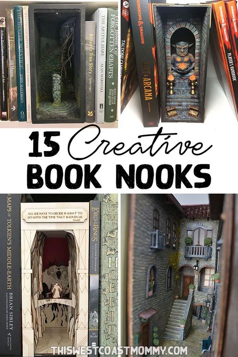 Bookshelf Mini Worlds, Diorama Book Nook, Book Diorama Ideas, Halloween Book Nook, Book Nook Templates, Book Nook Diy Ideas, How To Make Book Nook, Booknook Diy Ideas, Book Diarama Ideas