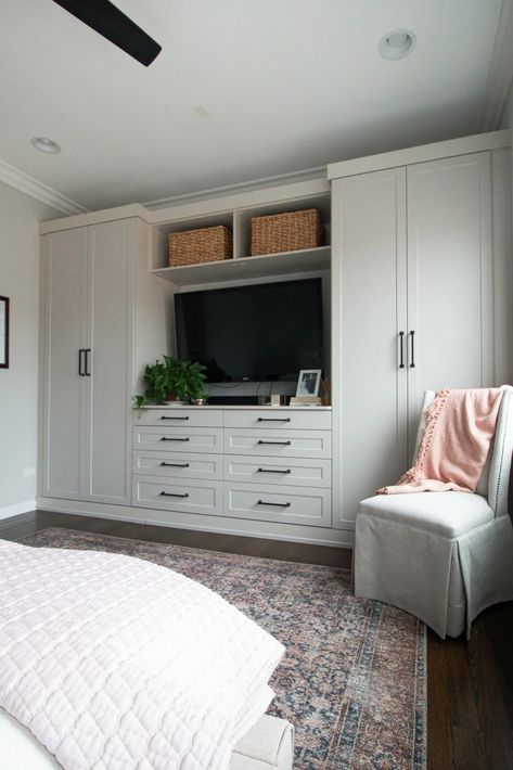 My mom's bedroom built-ins are massive and hold so much stuff. Here are my best tips to organize built-ins with seasonal decor, toys, & more. #builtins #organize Wardrobe Cabinet Design Master Bedrooms, Shiplap Closet Ideas, Small Bedroom With Built In Wardrobe, Hidden Bedroom Storage, Bedroom Cabinet Ideas, Fitted Wardrobe Ideas, Built In Bedroom Cabinets, Bedroom Closet Ideas, Bedroom Wall Units