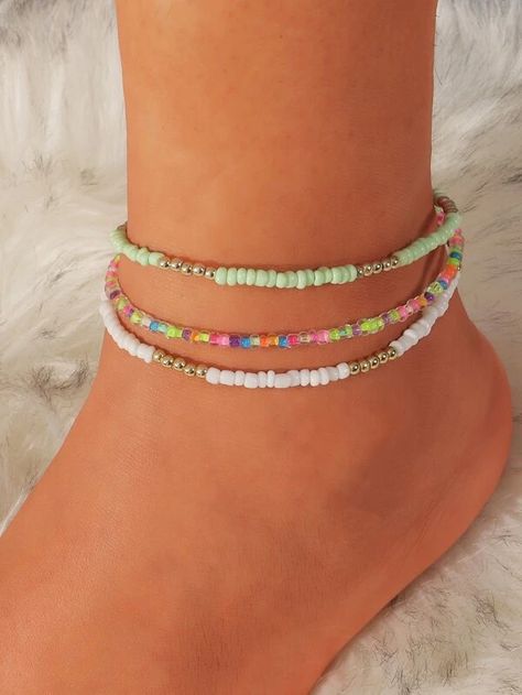 3pcs Simple Beaded Anklet | SHEIN USA Handmade Ankle Bracelets, Anklets Diy, Star Anklet, Pola Manik, Summer Beach Jewelry, Beaded Ankle Bracelets, Leg Chain, Beaded Ankle, Pola Gelang