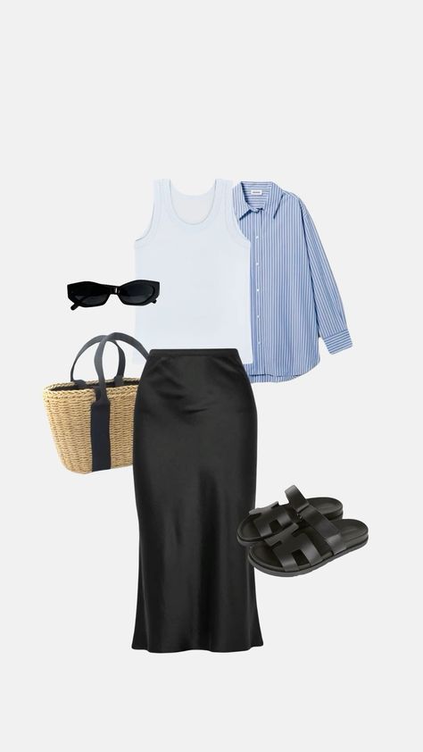 Black Skirt Blue Shirt, Long Black Silk Skirt Outfit Summer, Long Black Skirt Casual Outfit, Black Silk Slip Skirt Outfit, Satin Black Skirt Outfit Summer, Satin Skirt Outfit Aesthetic, Outfits With Black Long Skirt, Silk Skirt Summer Outfit, Casual Black Skirt Outfit Summer