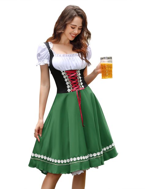 PRICES MAY VARY. Design: This Oktoberfest dirndl dress featuring a white square neck and short sleeves with delicate lace detailing, the black upper body is adorned with white lace flowers and a red silk tie. The green skirt is beautifully decorated with white lace flowers, completing the traditional Bavarian look. Also, there are side zipper for easy wear. You'll feel confident and stylish in our high-quality dirndl dress. Material: Our German dirndl dresses for women are made from high-quality Dirndl, Dirndl Dress Traditional, German Dirndl Dress, Dirndl Dresses, Raven Halloween, Bavarian Dress, German Dress Dirndl, Oktoberfest Dress, Oktoberfest Costume